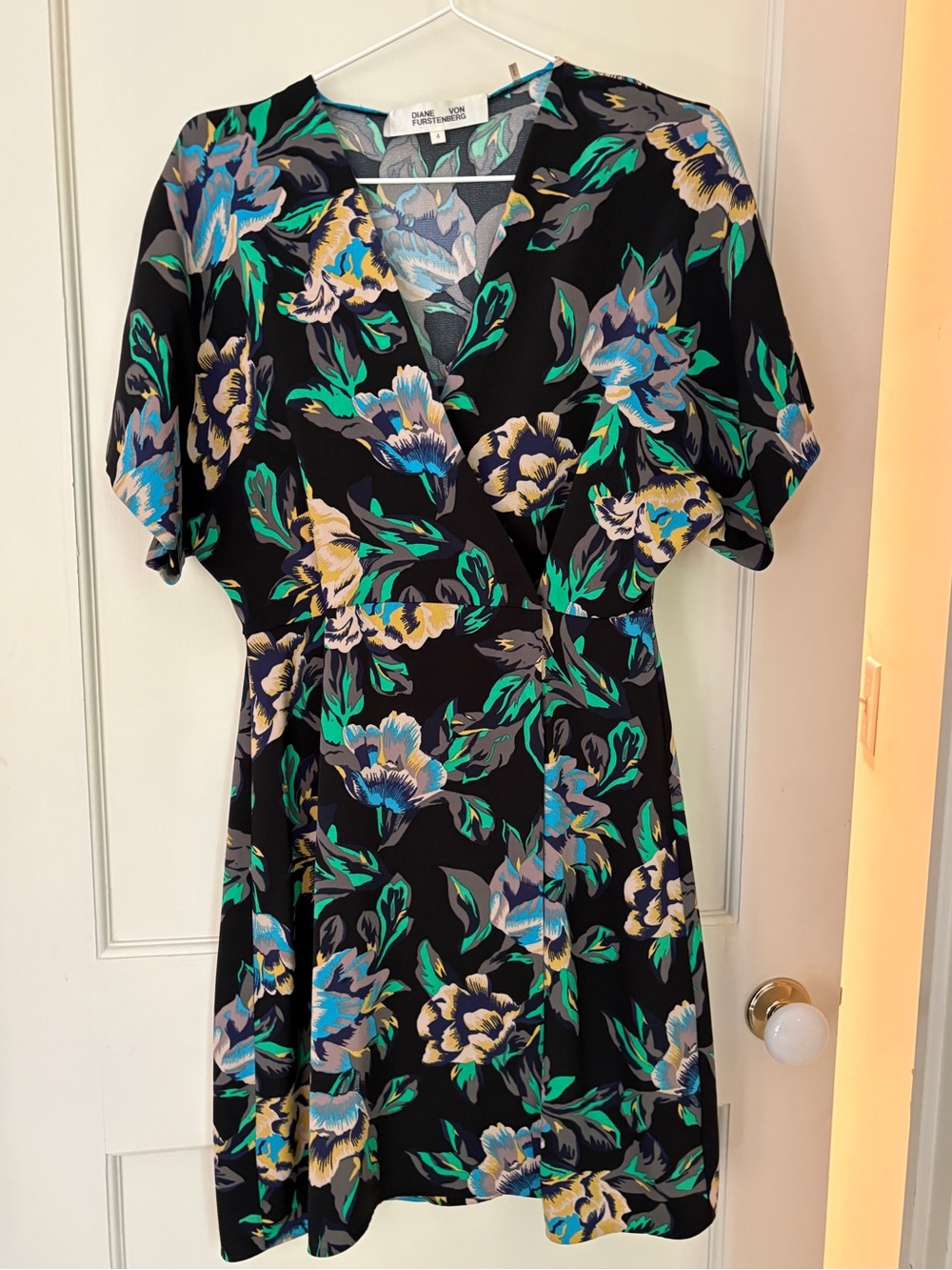 Diane Von Furstenberg Black Floral V-Neck Wrap Dress with Blue & Green Blooms